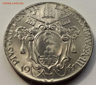 Ватикан 2 лиры 1941. UNC. Тираж - 270 000. - 9