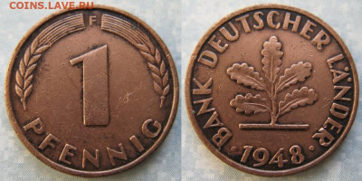 Ходячка ФРГ 1 пфенниг 1948-1979г. - 50.3. -ФРГ 1 пфенниг 1948 F     190-ас99-11486