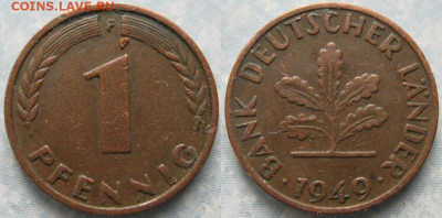 Ходячка ФРГ 1 пфенниг 1948-1979г. - 50.15. -ФРГ 1 пфенниг 1949 F     191-АС68-10273