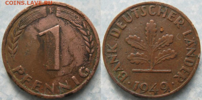 Ходячка ФРГ 1 пфенниг 1948-1979г. - 50.16. -ФРГ 1 пфенниг 1949 F     191-АС68-10274