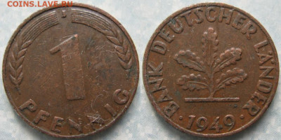 Ходячка ФРГ 1 пфенниг 1948-1979г. - 50.21. -ФРГ 1 пфенниг 1949 J б     191-АС68-10269