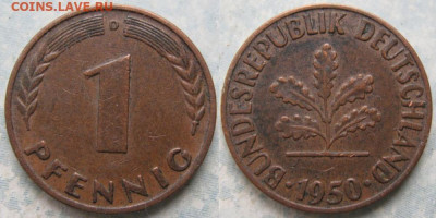 Ходячка ФРГ 1 пфенниг 1948-1979г. - 50.22. -ФРГ 1 пфенниг 1950 D    175-К16-11286