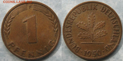 Ходячка ФРГ 1 пфенниг 1948-1979г. - 50.24. -ФРГ 1 пфенниг 1950 F    175-К16-7689