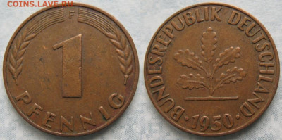 Ходячка ФРГ 1 пфенниг 1948-1979г. - 50.25. -ФРГ 1 пфенниг 1950 F    7156