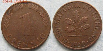Ходячка ФРГ 1 пфенниг 1948-1979г. - 50.27. -ФРГ 1 пфенниг 1950 G    7144
