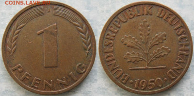 Ходячка ФРГ 1 пфенниг 1948-1979г. - 50.29. -ФРГ 1 пфенниг 1950 J    7289