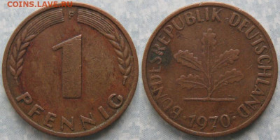 Ходячка ФРГ 1 пфенниг 1948-1979г. - 50.32. -ФРГ 1 пфенниг 1970 F    10027