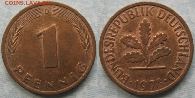 Ходячка ФРГ 1 пфенниг 1948-1979г. - 50.38. -ФРГ 1 пфенниг 1978 D    175-к16-7649