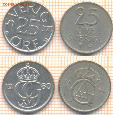 Швеция 25 эре 1966,1980 г., до 05.04.2021 г. 22.00 по Москве - Швеция 25 эре 1966 80 975