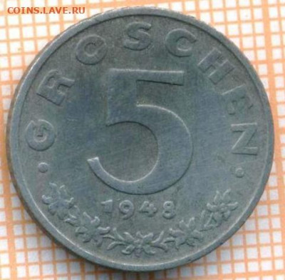 Австрия 5 грошей 1948 г., до  05.04.2021 г. 22.00 по Москве - Австрия 5 грошей 1948 3018