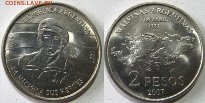 АРГЕНТИНА 2 песо ФОЛКЛЕНДСКИЕ о Год 2007 До 12-04 В 22-00мс - мальд остр