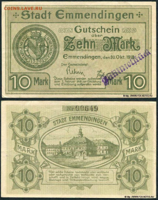 Досчитаем до 10 000 или более - 1590 нотгельд 10 марок 1918. Германия. г. Эммендинген (Баден). 7