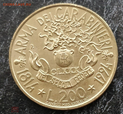 ИТАЛИЯ 200 лир 1994 - юбилейная (180 лет карабинерам) 11.05 - 189536336.0
