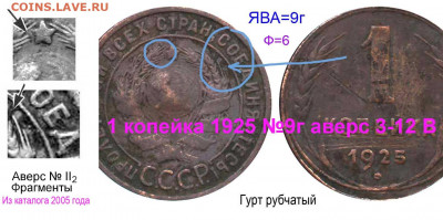 1 копейка 1925 на оценку - 1 копейка 1925 №9г аверс 3-12 В