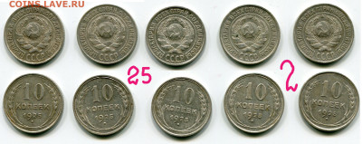 10 копеек 1925, серебро 500-й пробы. 10 шт. до 1 июня 2021 - 10 копеек 1925-2