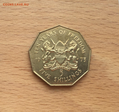 Кения 5 шиллингов 1973 10 лет Независимости 9-угольник - IMG_6182.JPG