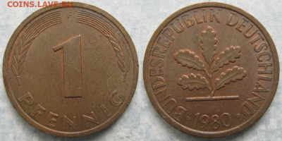 Ходячка ФРГ 1 и 10 пфеннигов - 51.3. =ФРГ 1 пфенниг 1980 F уц    7587