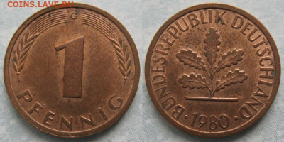 Ходячка ФРГ 1 и 10 пфеннигов - 51.5. -ФРГ 1 пфенниг 1980 G уц    7178