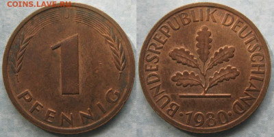Ходячка ФРГ 1 и 10 пфеннигов - 51.6. -ФРГ 1 пфенниг 1980 J шц    175-к16-7667