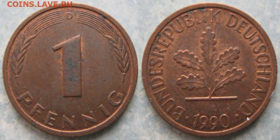 Ходячка ФРГ 1 и 10 пфеннигов - 51.23. -ФРГ 1 пфенниг 1990 D    175-К16-11292