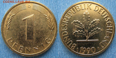 Ходячка ФРГ 1 и 10 пфеннигов - 51.24. -ФРГ 1 пфенниг 1990 D    180-ас65-10160