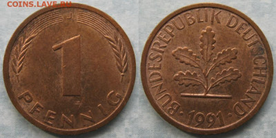Ходячка ФРГ 1 и 10 пфеннигов - 51.31. -ФРГ 1 пфенниг 1991 J    175-к16-7652