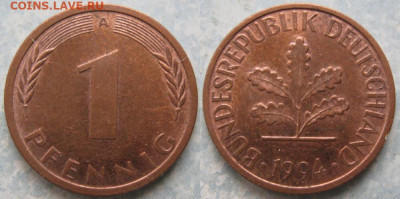 Ходячка ФРГ 1 и 10 пфеннигов - 51.33. -ФРГ 1 пфенниг 1994 A    175-к16-11282