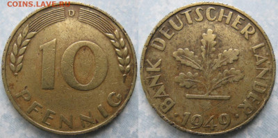 Ходячка ФРГ 1 и 10 пфеннигов - 51.37. -ФРГ 10 пфеннигов 1949 D    180-ас63-10155