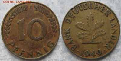 Ходячка ФРГ 1 и 10 пфеннигов - 51.44. -ФРГ 10 пфеннигов 1949 J     198-ас85-6435