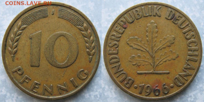 Ходячка ФРГ 1 и 10 пфеннигов - 51.47. -ФРГ 10 пфеннигов 1966 J    184-кл-8599