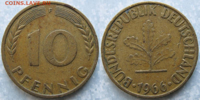 Ходячка ФРГ 1 и 10 пфеннигов - 51.46. -ФРГ 10 пфеннигов 1966 F    184-кл-8598