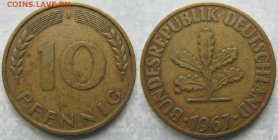 Ходячка ФРГ 1 и 10 пфеннигов - 51.48. -ФРГ 10 пфеннигов 1967 J    9260