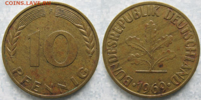 Ходячка ФРГ 1 и 10 пфеннигов - 51.49. -ФРГ 10 пфеннигов 1969 F    6679