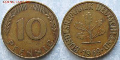 Ходячка ФРГ 1 и 10 пфеннигов - 51.50. -ФРГ 10 пфеннигов 1969 G    184-кл-8600