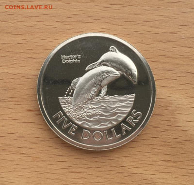 Крона Шайба Новая Зеландия 5$ долларов 2002 Дельфин Гектора - krona_shajba_novaja_zelandija_5_dollarov_2002_delfin_gektora_unc_fauna_tirazh_4000_sht_redkaja