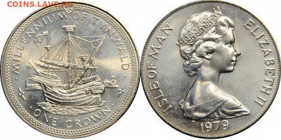 Крона Шайба Остров Мэн 1 крона 1979 1000 лет Тинвальд Каракк - krona_shajba_ostrov_men_1_krona_1979_1000_let_tinvaldu_karakka_korabl_parusnik_flot_lodka