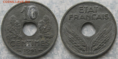 Монеты Франции 1919-1958г. по фиксу - 40.9. -Франция 10 сантим 1941    190-ас86-7479