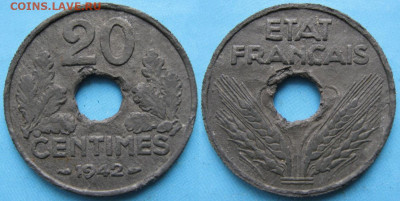 Монеты Франции 1919-1958г. по фиксу - 40.11. -Франция 20 сантим 1942   3035