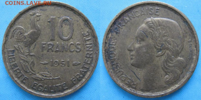 Монеты Франции 1919-1958г. по фиксу - 40.21. -Франция 10 франков 1951    160-ас22-5989