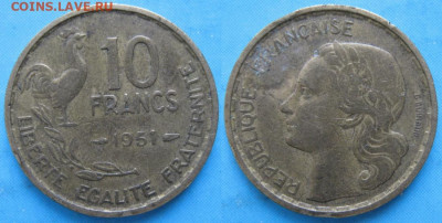 Монеты Франции 1919-1958г. по фиксу - 40.23. -Франция 10 франков 1951    160-ас22-5999