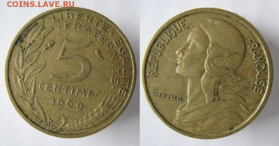 Монеты Франции 1962-2000г. по фиксу - 41.9. -Франция 5 сантим 1969