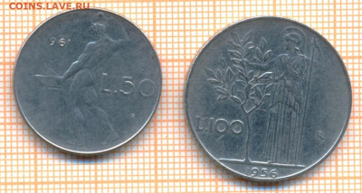 Италия 50 лир 1961, 100 лир 1956 г., до 04.07.2021 г. 22.00 - Италия 2 мон 421