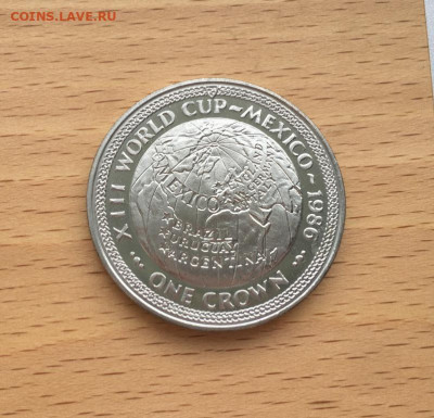 Крона Шайба Остров Мэн 1 крона 1986 Чемпионат мира футбол - krona_shajba_ostrov_men_1_krona_1986_chempionat_mira_po_futbolu_meksika_karta_zemnoj_shar_sport