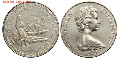 Крона Шайба Остров Мэн 1 крона 1979 Ост-индский корабль - krona_shajba_ostrov_men_1_krona_1979_1000_let_tinvaldu_ost_indskij_korabl_parusnik_flot_lodka