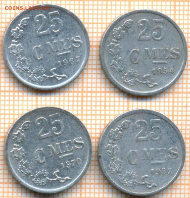 Люксембург 25 сантимов 1954,57,64,70 гг., фикс - Люксембург 25 сантимов 4шт 3246а