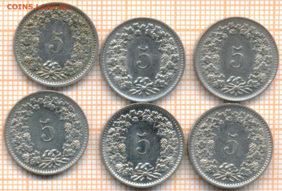 Швейцария 5 раппенов 1962-1971 гг., фикс - Швейцария 5 раппенов 6шт фикс 3257а