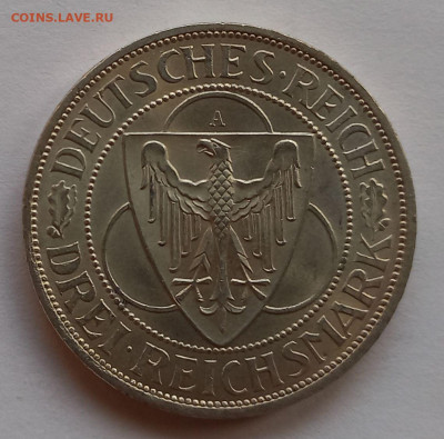 Германия. Веймар. 3 рейхсмарки 1930, Рейнланд. серебро,UNC - 10