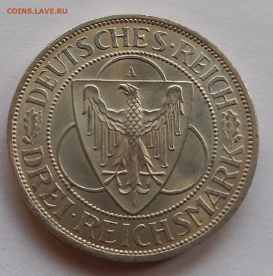 Германия. Веймар. 3 рейхсмарки 1930, Рейнланд. серебро,UNC - 9