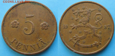 Финляндия 5 пенни 1937 до 21-08-21 в 22:00 - Финляндия 5 пенни 1937    166-к10-5110