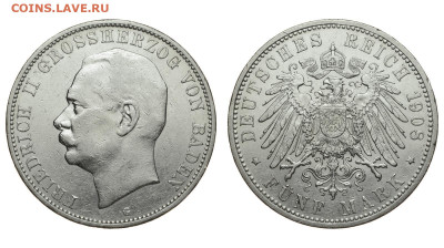 Баден. 5 марок 1908 г. Фридрих II. До 11.09.21. - Р459.JPG